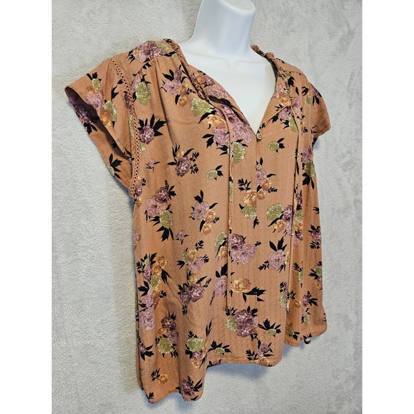 Buffalo David Bitton Blouse Womens Large Floral Short Sleeve Boho Top Tie Neck - Picture 4 of 16